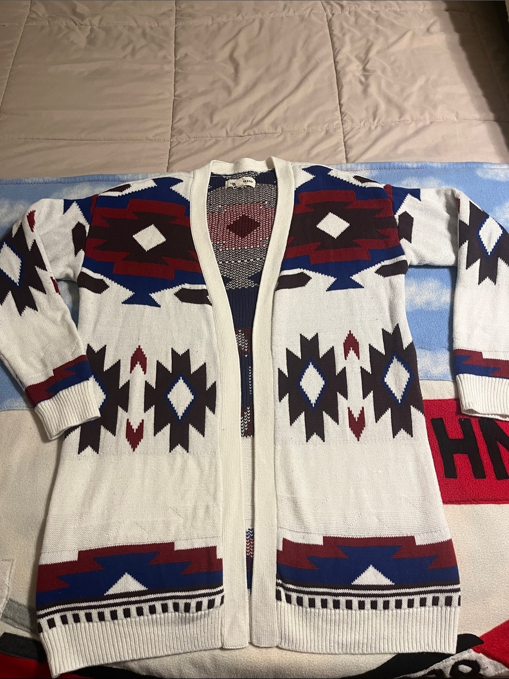 Women’s Open-Front Geometric Pattern Cardigan Sweater - White/Rust/Blue/Brown